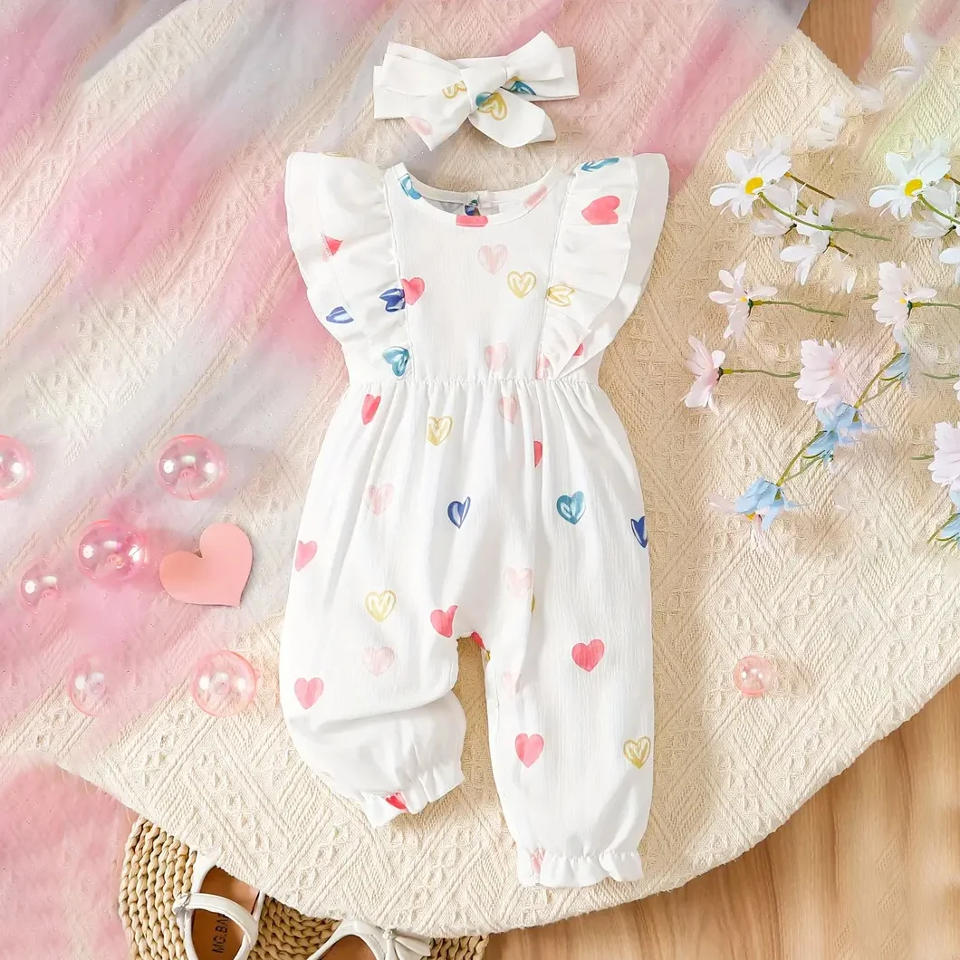 2PCS Sweet Heart Printed Sleeveless Baby Jumpsuit