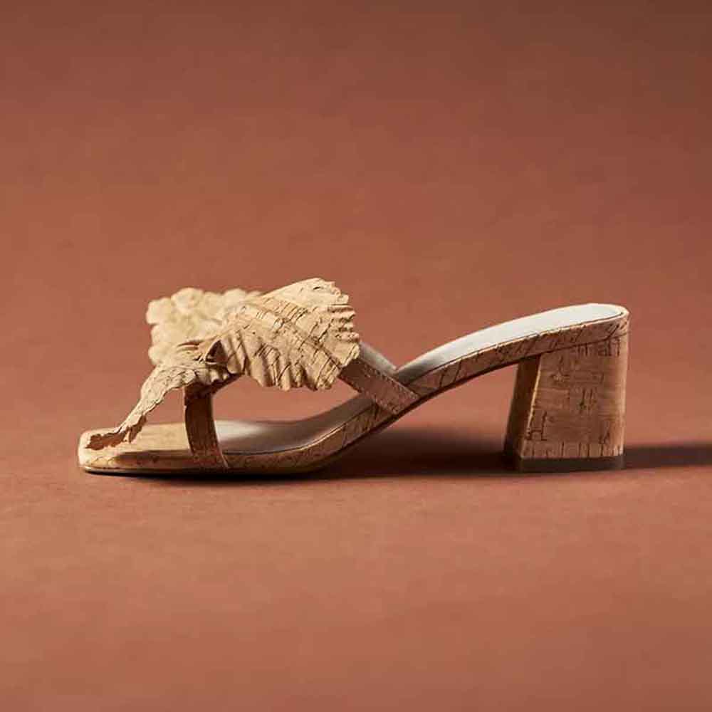Beige Vegan Leather Square Toe Block Heel Floral Cork Mules Nicepairs