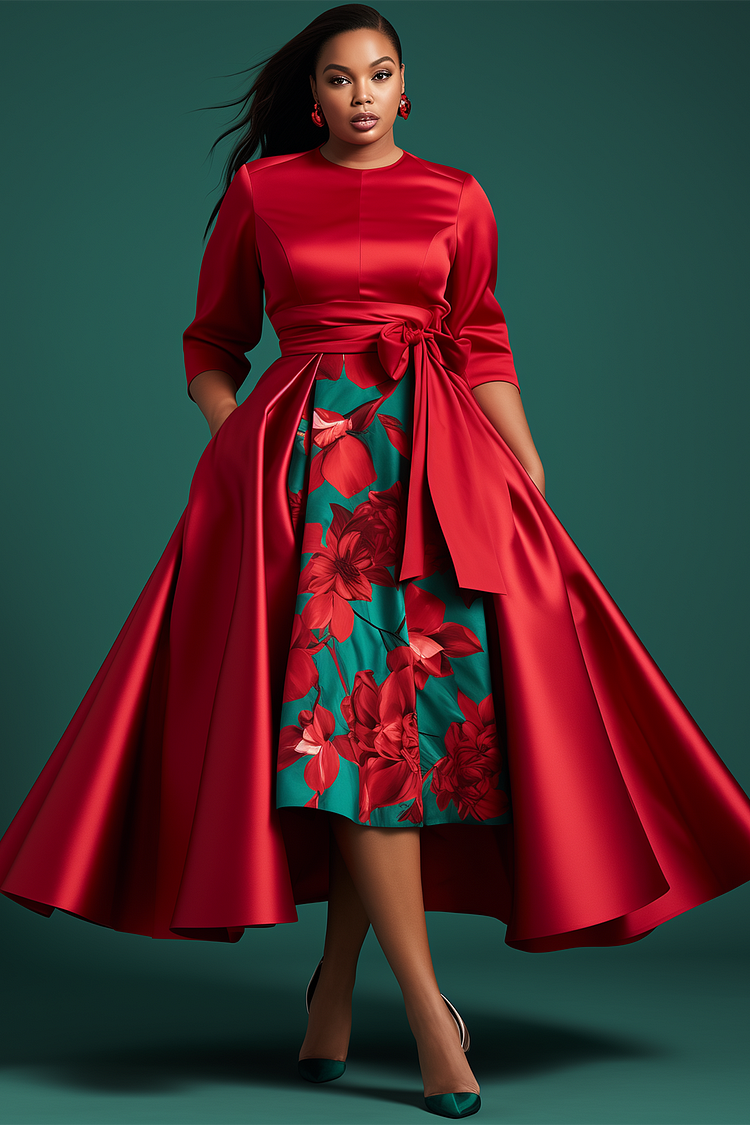 Xpluswear Design Plus Size Formal Red Floral Round Neck 3 4 Sleeve Peplum Satin Midi Dresses Xpluswear