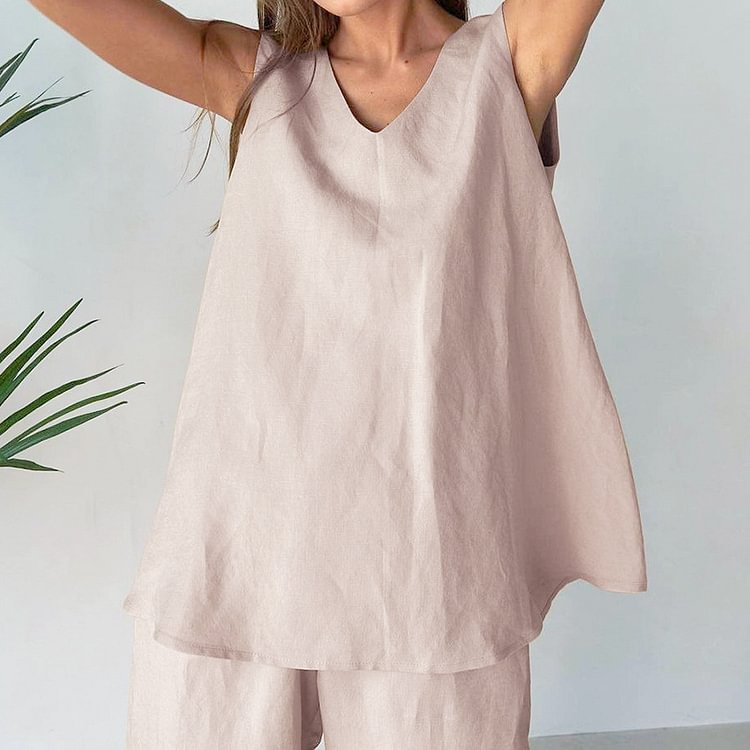 Cotton and Linen V Neck Reversible Solid Color Two Piece Set