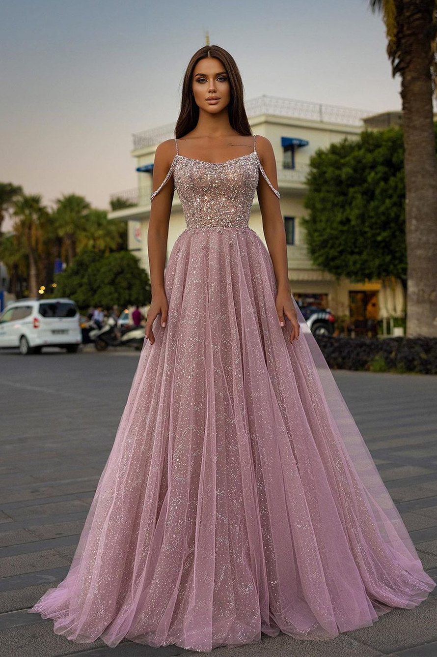 Dresseswow Spaghetti-Straps Prom Dress Long With Sequins Beads