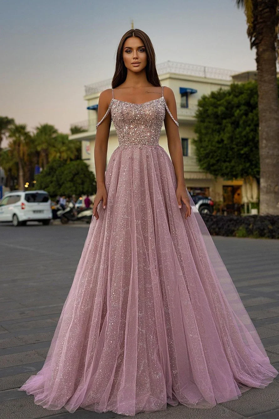 Spaghetti-Straps Tulle A-Line Long Prom Dress With Sequins Beads