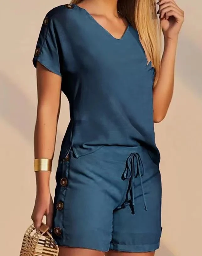 Mongw Mongw Summer Women's Casual Fashion Solid Color Comfortable V Collar Jacket Button Decoration Shorts Two-Piece Set