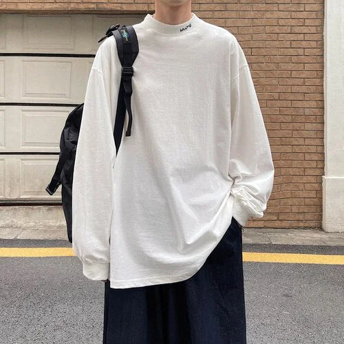 Aonga T-Shirts Men Loose Solid Mock Neck Spring Drop Sleeve BF All-Match Basic Oversize Simple Harajuku Clothing Camisetas Minimalist