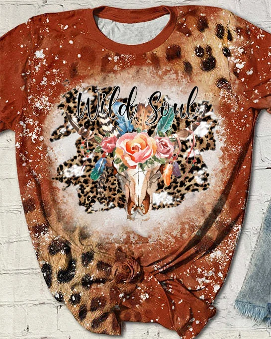 WILD SOUL BULL SKULL  Leopard Print Short Sleeve T-shirt