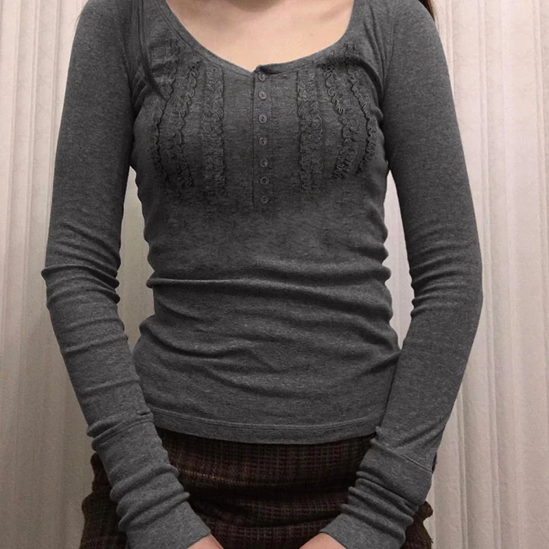 Rapcopter y2k Grey Frill Crop Top Cute Retro Button T Shirt Harajuku Solid Casual Basic Tee Slim Women Grunge Fairycore Clothes