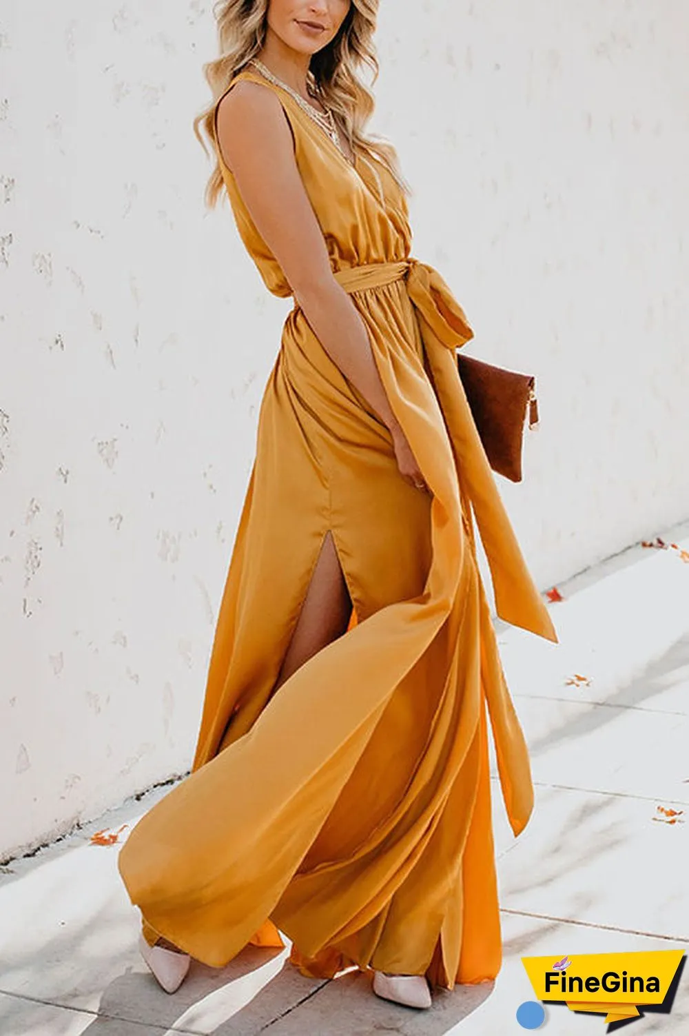 V Neck Sleeveless Slit Wrap Maxi Dress