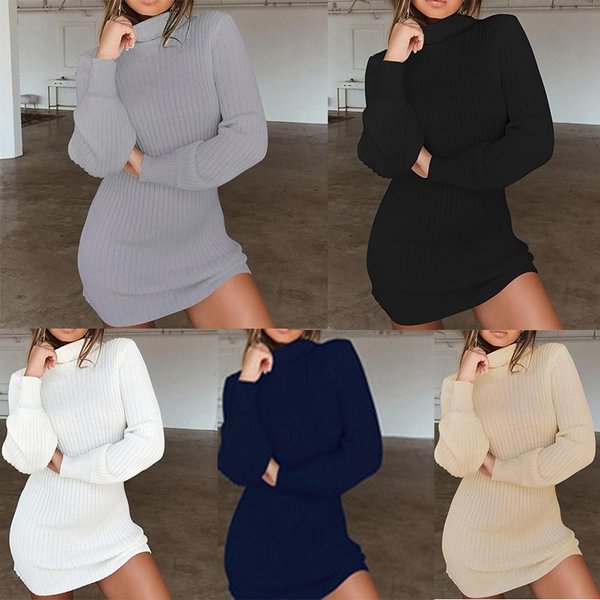 Fashion Clothes Autumn and Winter Dresses Women's Casual Solid Color Long Sleeve Dress Ladies Slim Fit Mini Party Dress High Collar Bodycon Dress Turtleneck Knitted Sweater Dress - Life is Beautiful for You - SheChoic