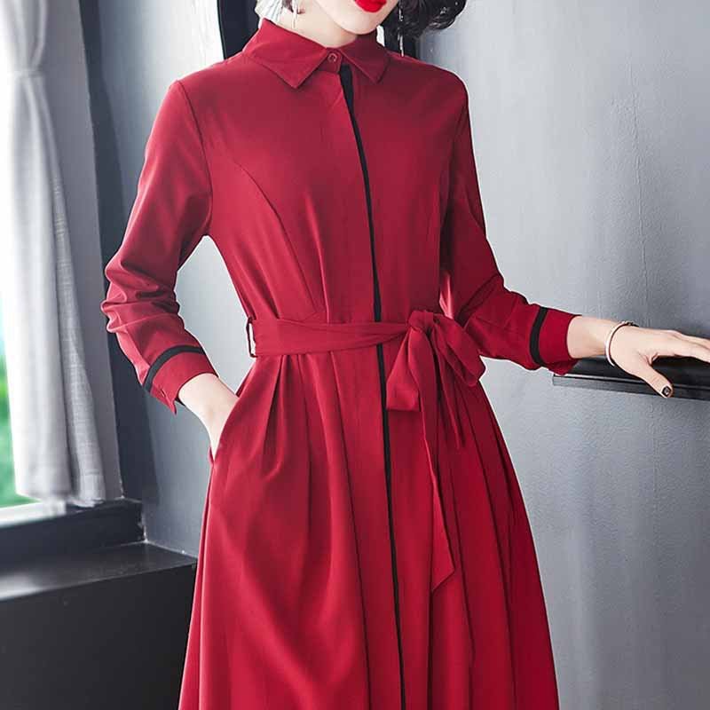 Spring Women's Clothing Dress Temperament Long Sleeve Solid Color Mid-length Slimming A- Line Skirt Trendy
