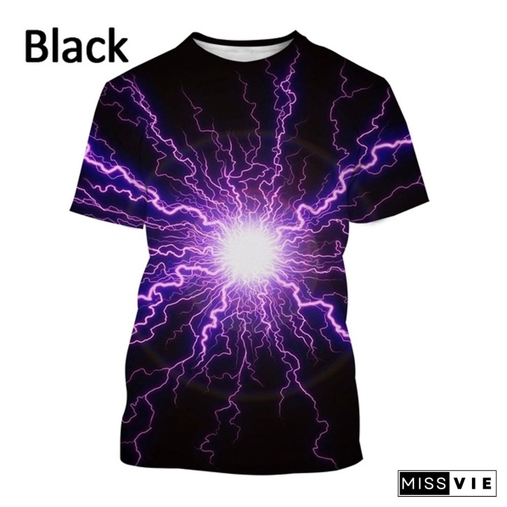 New Creative Design Lightning 3D Printing T-shirt Fashion Unisex Personality Natural Phenomenon Pattern Casual Round Neck Short-sleeved T-shirt Top