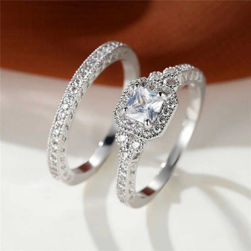 Luxury White Zircon Stone Ring Set New Fashion Silver Color Engagement Ring Vintage Wedding Rings For Women Bridal Sets