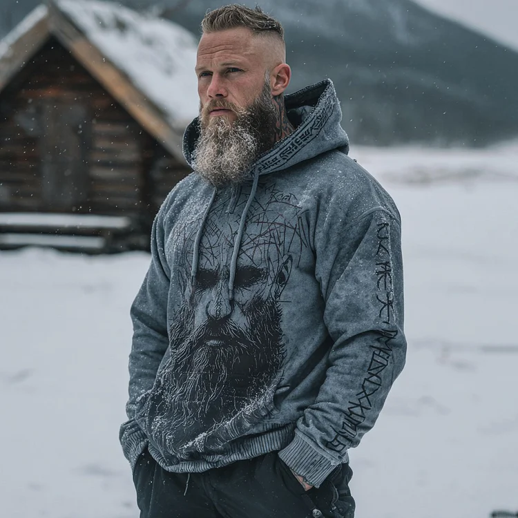 Men's Retro Viking Warrior Pencil Drawing Art Pattern Casual Hoodie