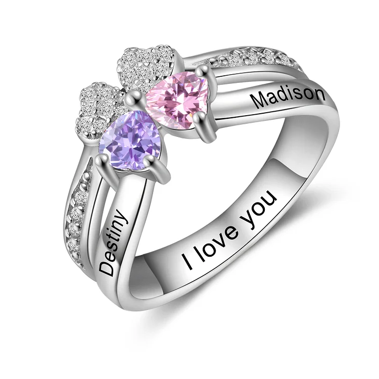 Heart Birthstone Ring Custom 2 Names Promise Ring for Her