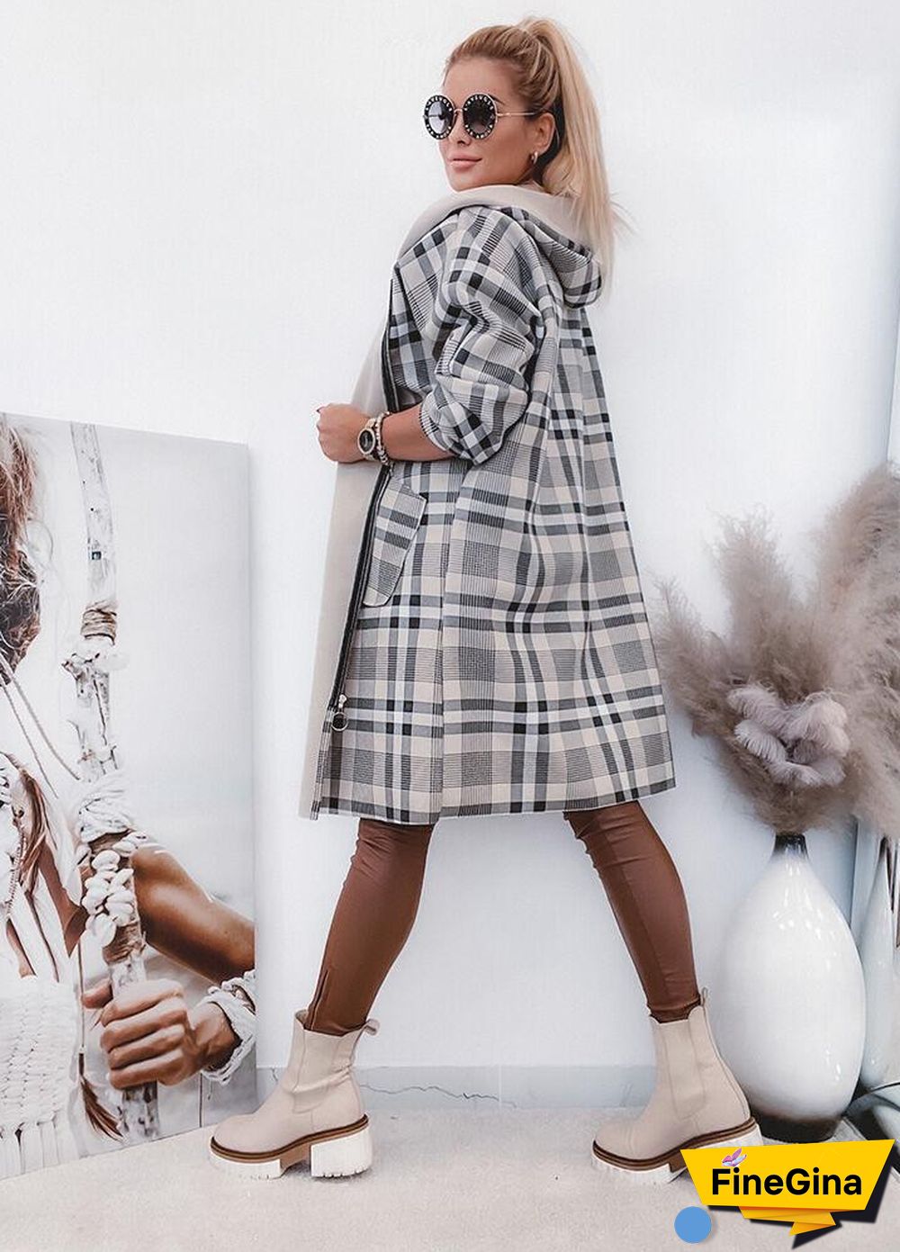 Zipper Plaid Women Coat With Hood