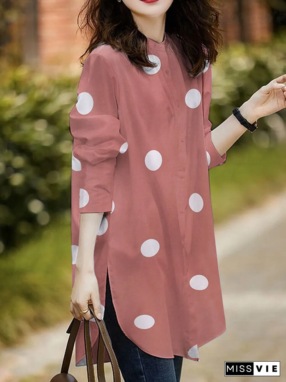 Polka Dot Button Split Long Sleeve Stand Collar Casual Shirt