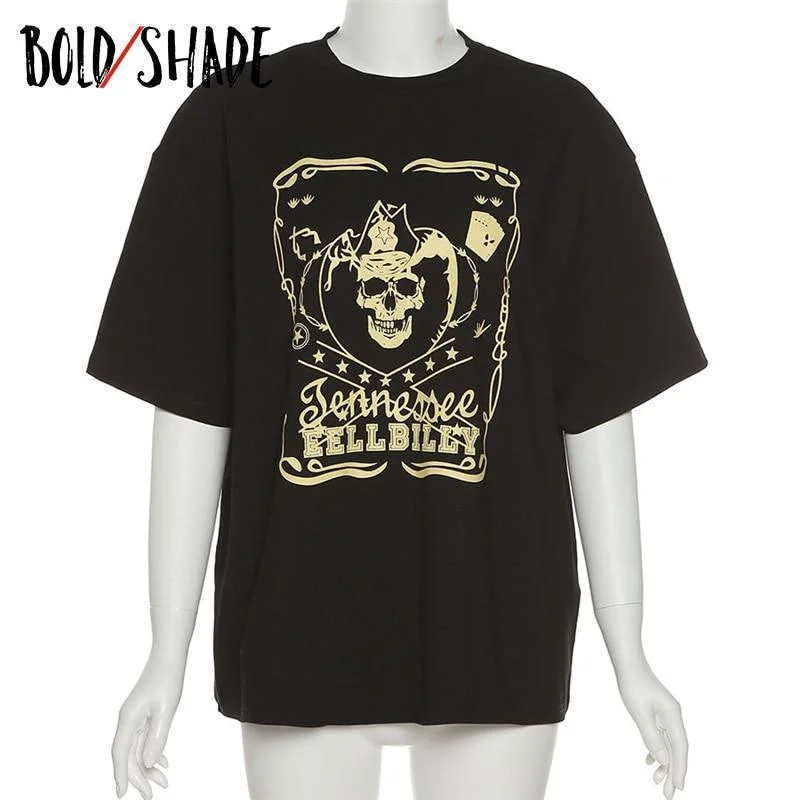 Bold Shade Grunge Streetwear Fashion T-shirts Crewneck Oversized Skull Print Short Sleeve Black T Shirt Summer Skater Girl Style