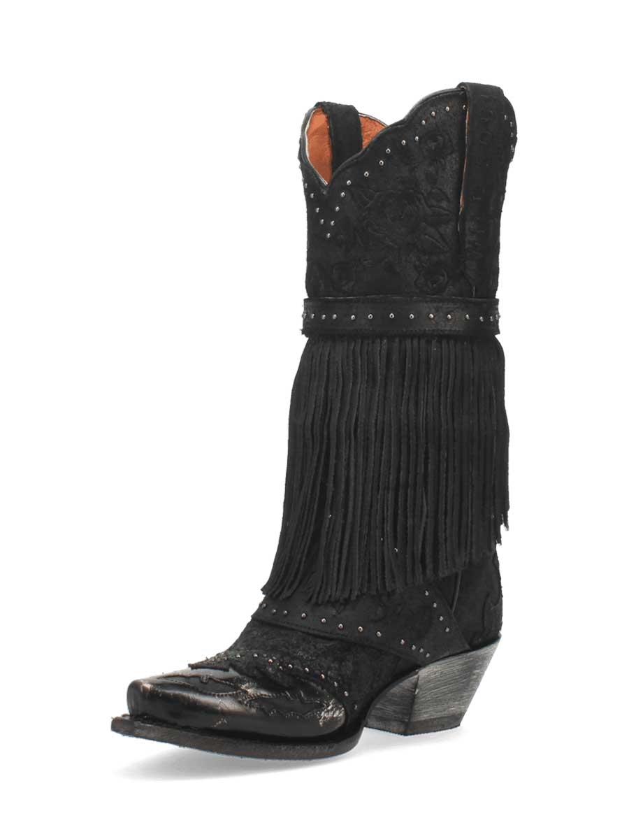 Black Rose-Embossed Snip Toe Cowgirl Boots with Buckled Fringe