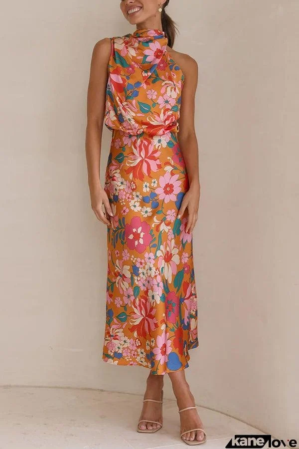 Fascinating Day Floral Halter Neck Elastic Waist Maxi Dress