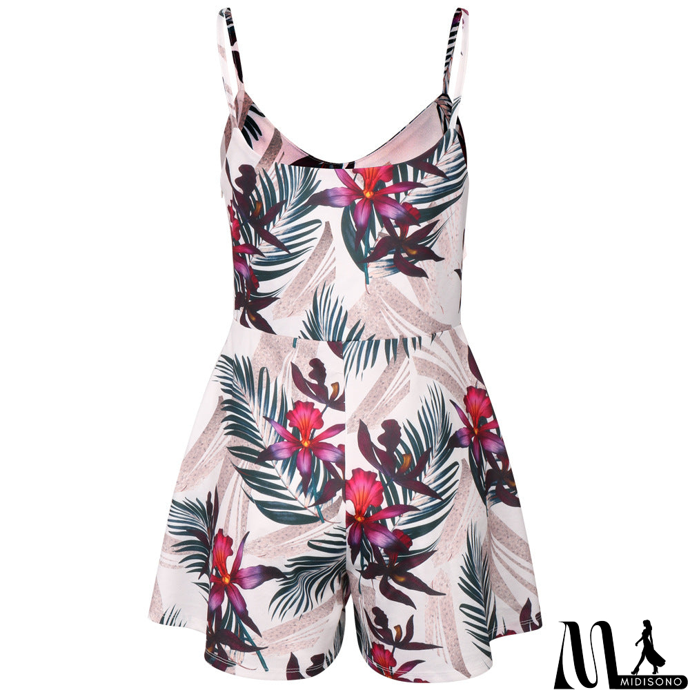 MidiSono - V-Neck Sexy Women Sling Open Back Printed Jumpsuit