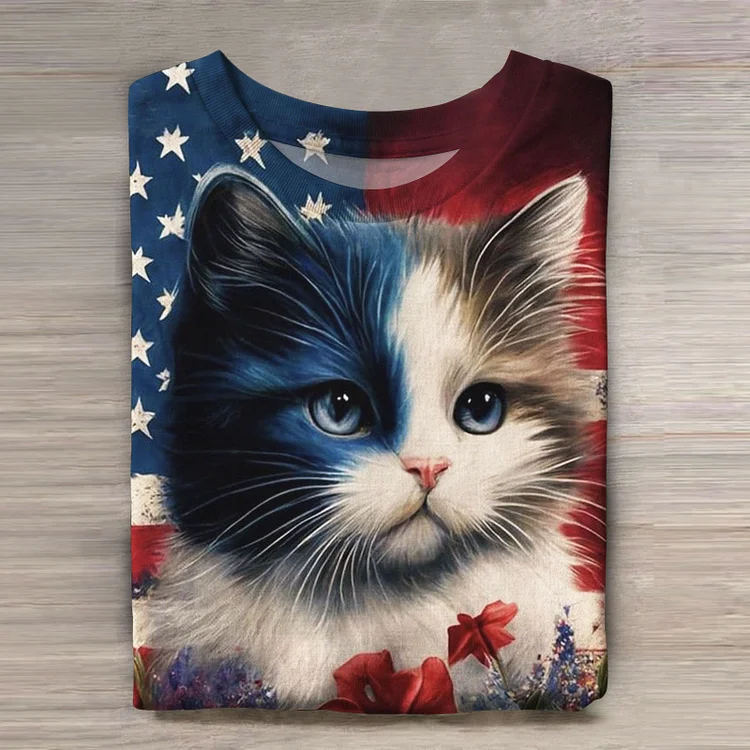 Vintage American Flag Cat print Short Sleeve Crew Neck T-shirt
