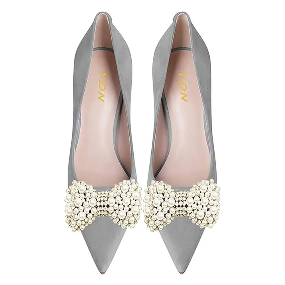 Grey Pointed Toe Flared High Heel Prom Bow Pumps Shoes with Pearl