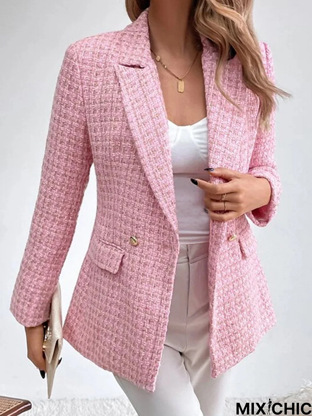 Lapel Collar Casual Loose Pink Blazer
