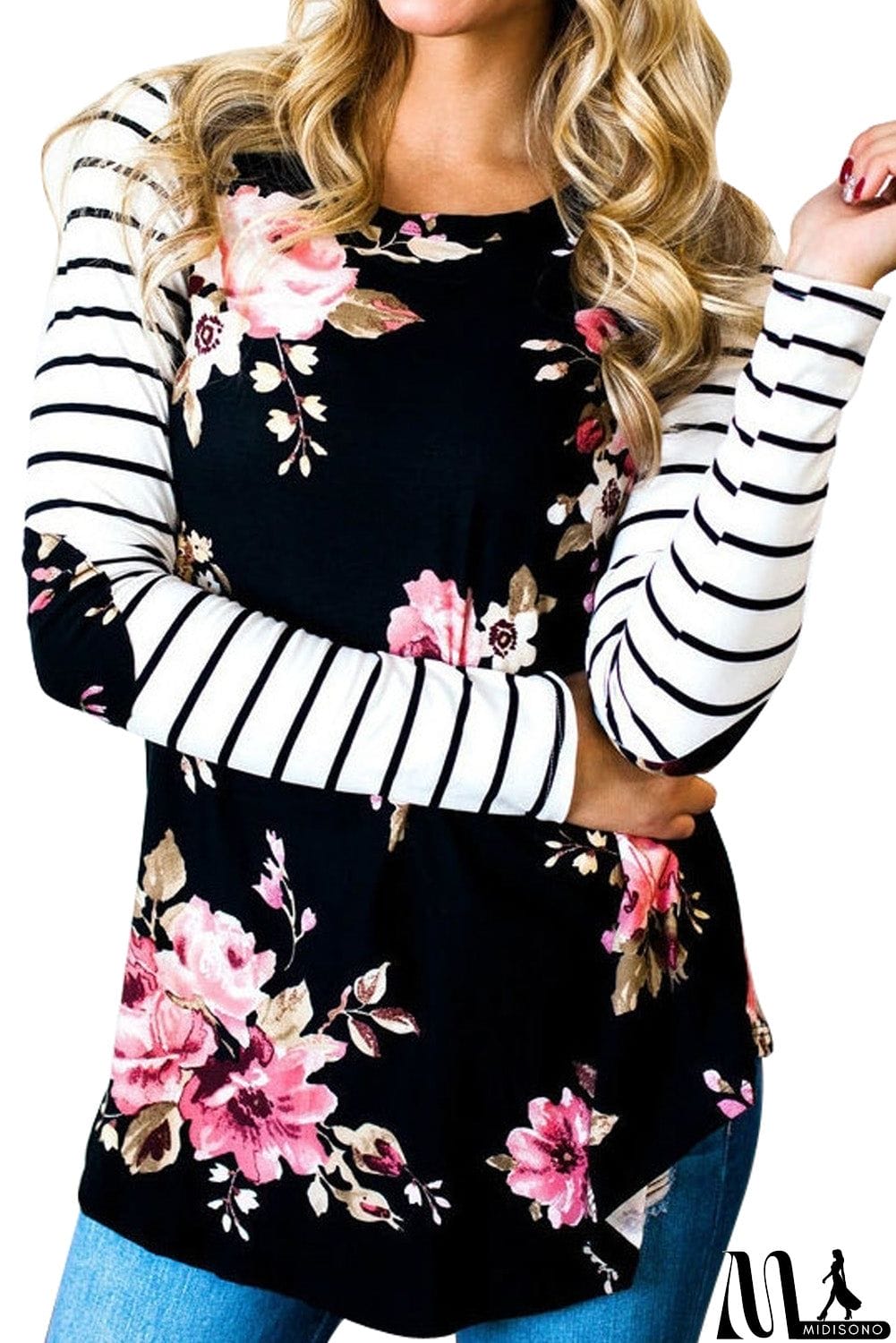 MidiSono - Floral Striped Elbow Patch Baseball Long Sleeve Top