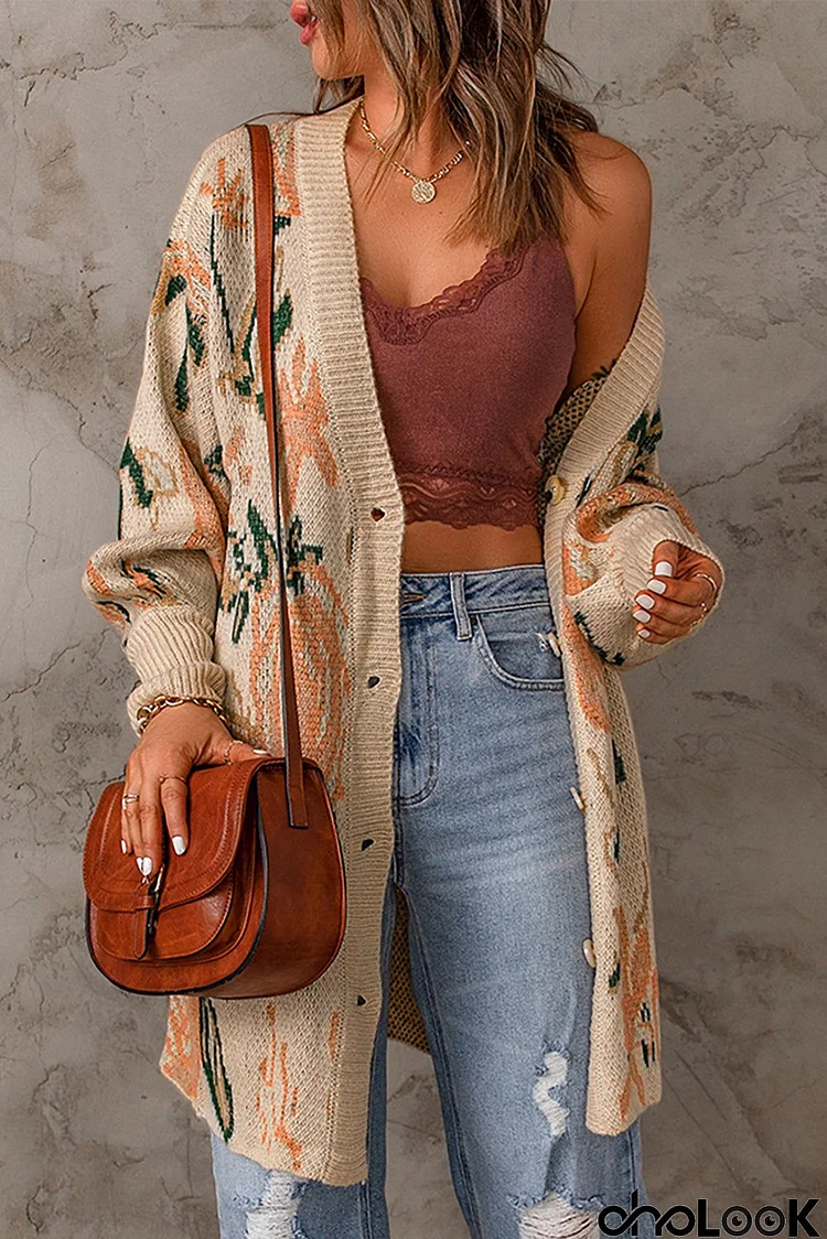 Abstract Floral Knit Long Cardigan