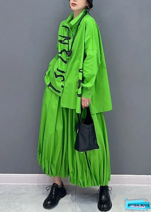 Stylish Green Asymmetrical Wrinkled Patchwork Cotton Two-Piece Set Fall