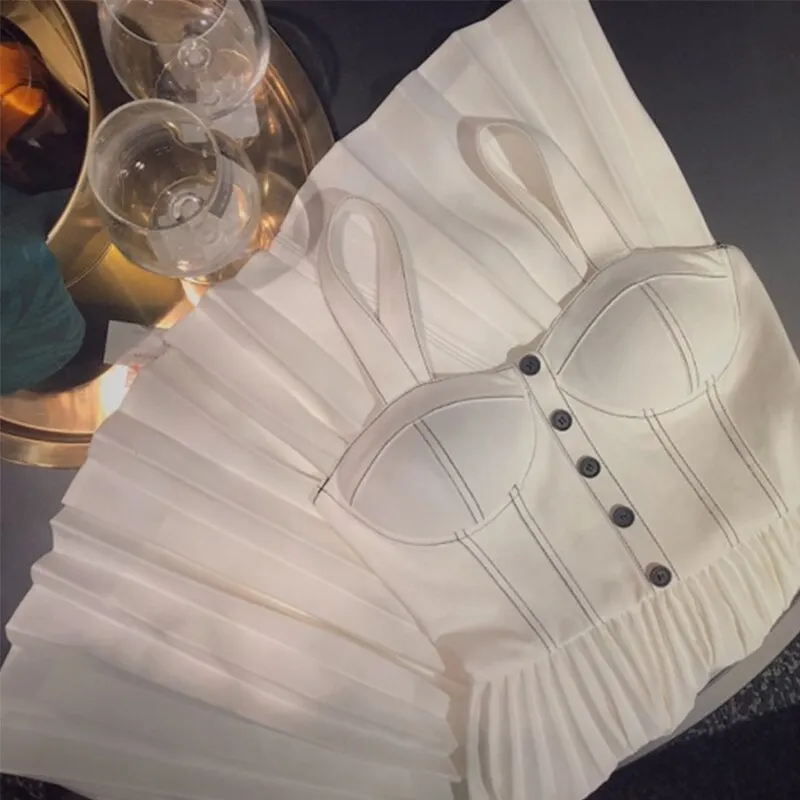 Uveng Women's Summer 2022 Pleated Dress Elegant Luxury Tube Dress Backless Single-breasted High Waist Party Spaghetti Strap Jupe