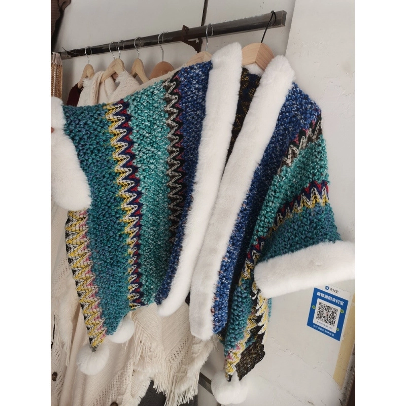 Women’s Minimalist Classic Style Color Block Knit Patchwork Shawl