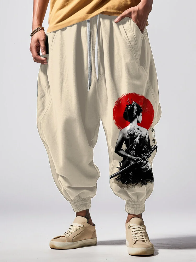 Men's Geisha Samurai Japanese Art Print Loose Drawstring Waist Sweatpants