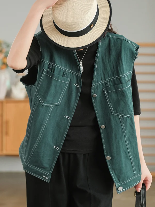 Simple Loose Fringed Solid Color V-Neck Vest Outerwear