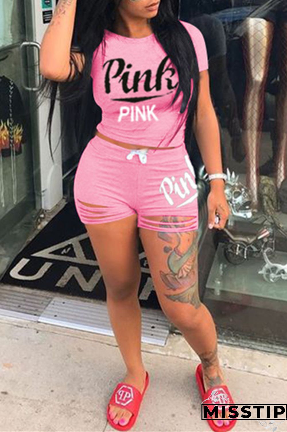 Pink Fashion Casual Letter Print Ripped O Neck Short Sleeve Two Pieces