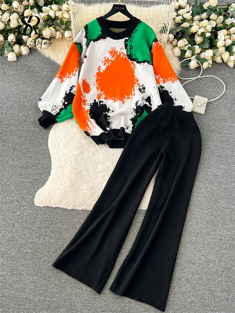 Huibahe Winter Fashion Thick Sweater Suits 2023 Tie-dye Loose Pullover+Elastic Long Pants Print Casual Knitted Two Pieces Sets