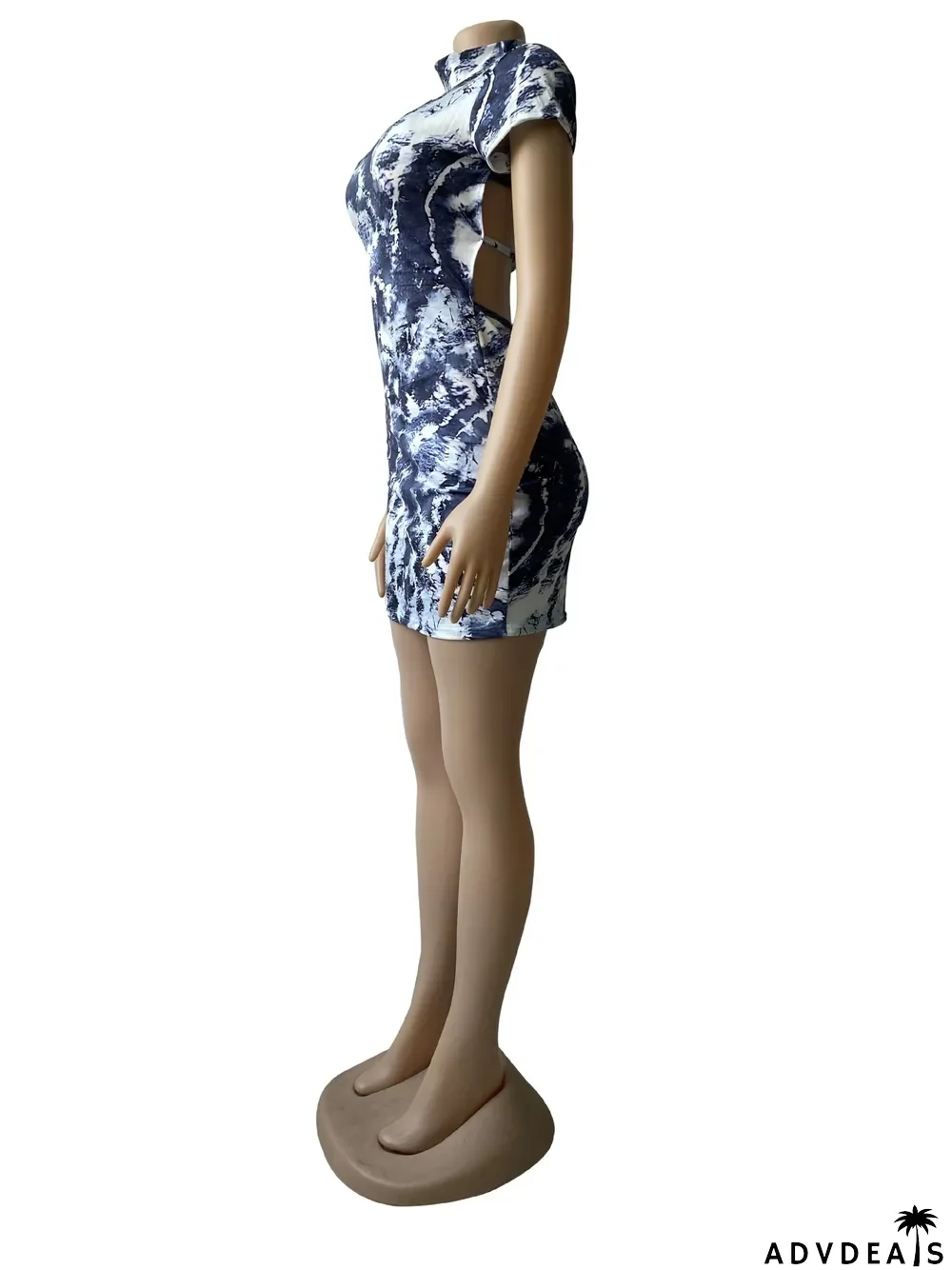 Tie Dye Print Backless Short Sleeve Mini Dress