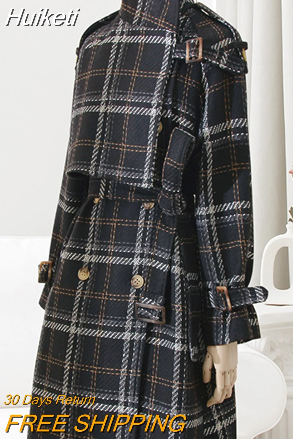 Huiketi Autumn Winter Long Loose Warm Plaid Wool Blends Trench Coat for Women Raglan Sleeve Belt Double Breasted Woolen Overcoat