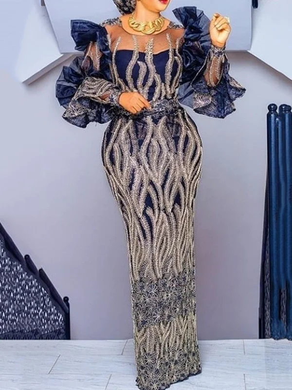 Round-Neck Long Sleeve Falbala Sequined Printed Evening Maxi Dress