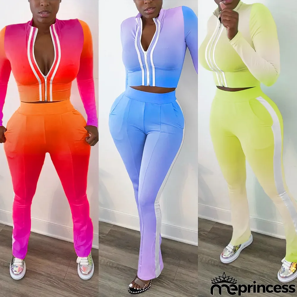 Gradient Color Skinny Zipper Crop Tops Pencil Pants Matching Set