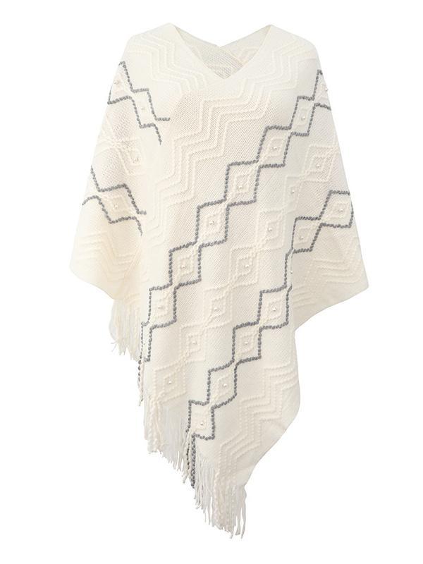 Women's V-neck Knit Shawl Fringed Hem Striped Sweater Top