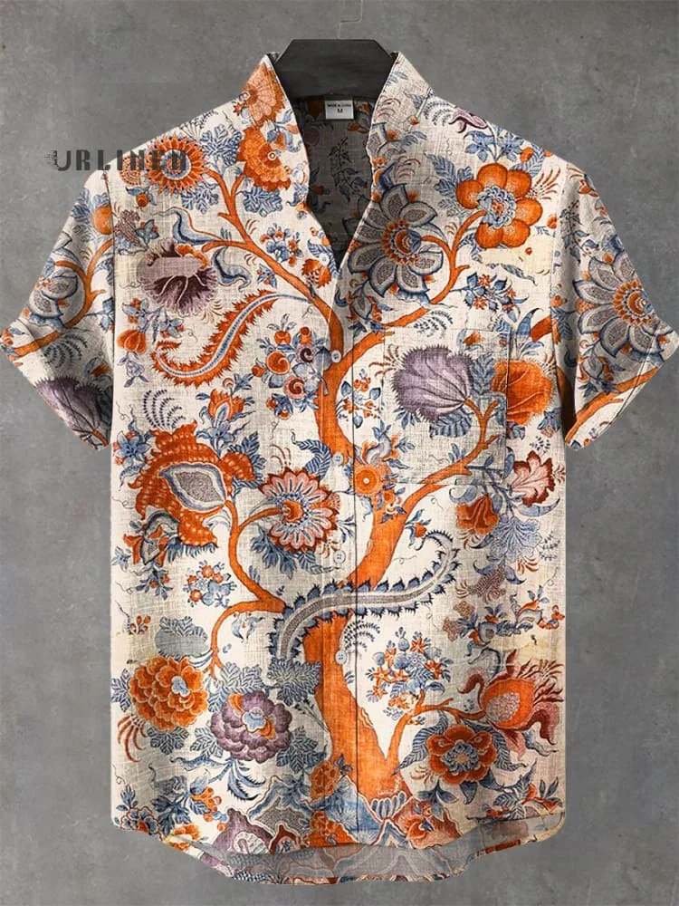 Vintage Flower Pattern Art Print Casual 100% Cotton Shirt