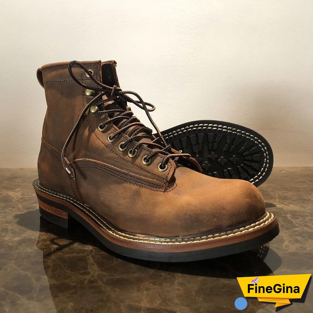 Vintage Lace-Up New Genuine Leather Platform Men Ring Black Red Ankle Boots Dress Work Casual Motorcycle Boots