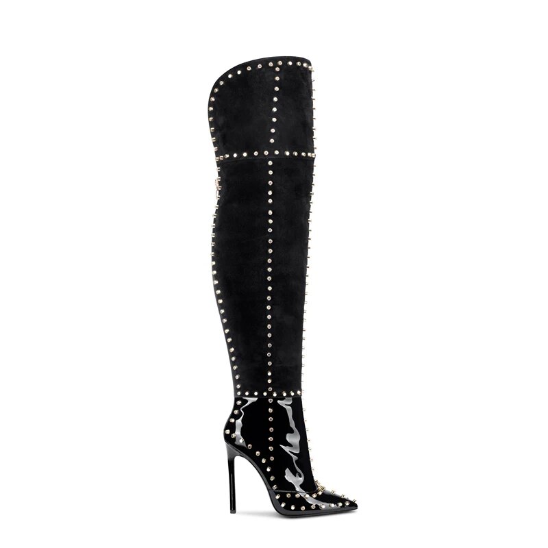 VCSHOES Stiletto Black Patchwork Women Rivets Over The Knee Boot Night Club Runway Shoes Lady Pointed Toe Thigh Boots