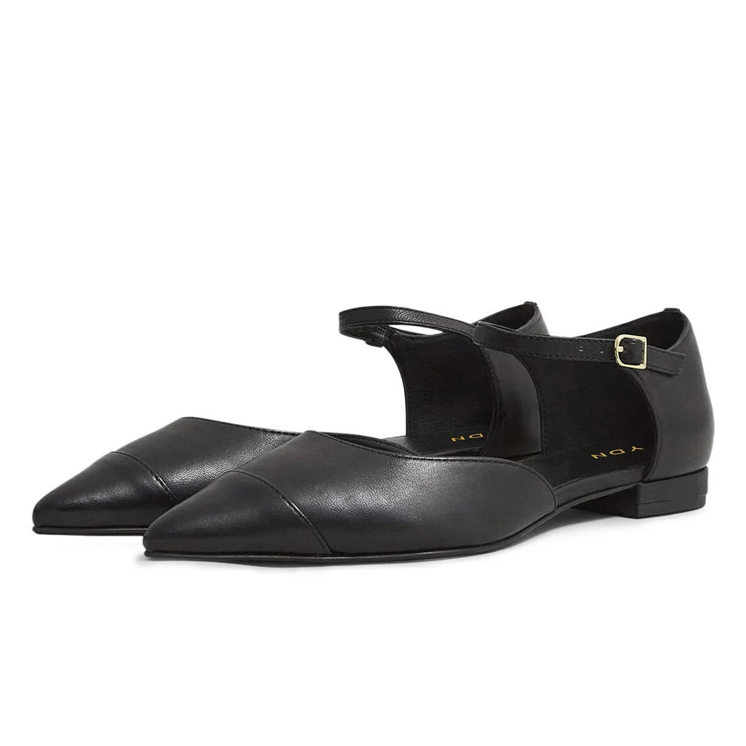 Black Vegan Leather Gray Pointed Toe Buckle Fastening Strappy Flats