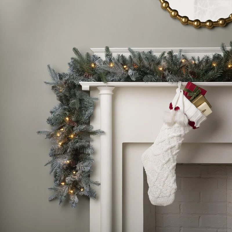 Frosted Pine Cones Flocked Pre-lit Christmas Garland With Lights