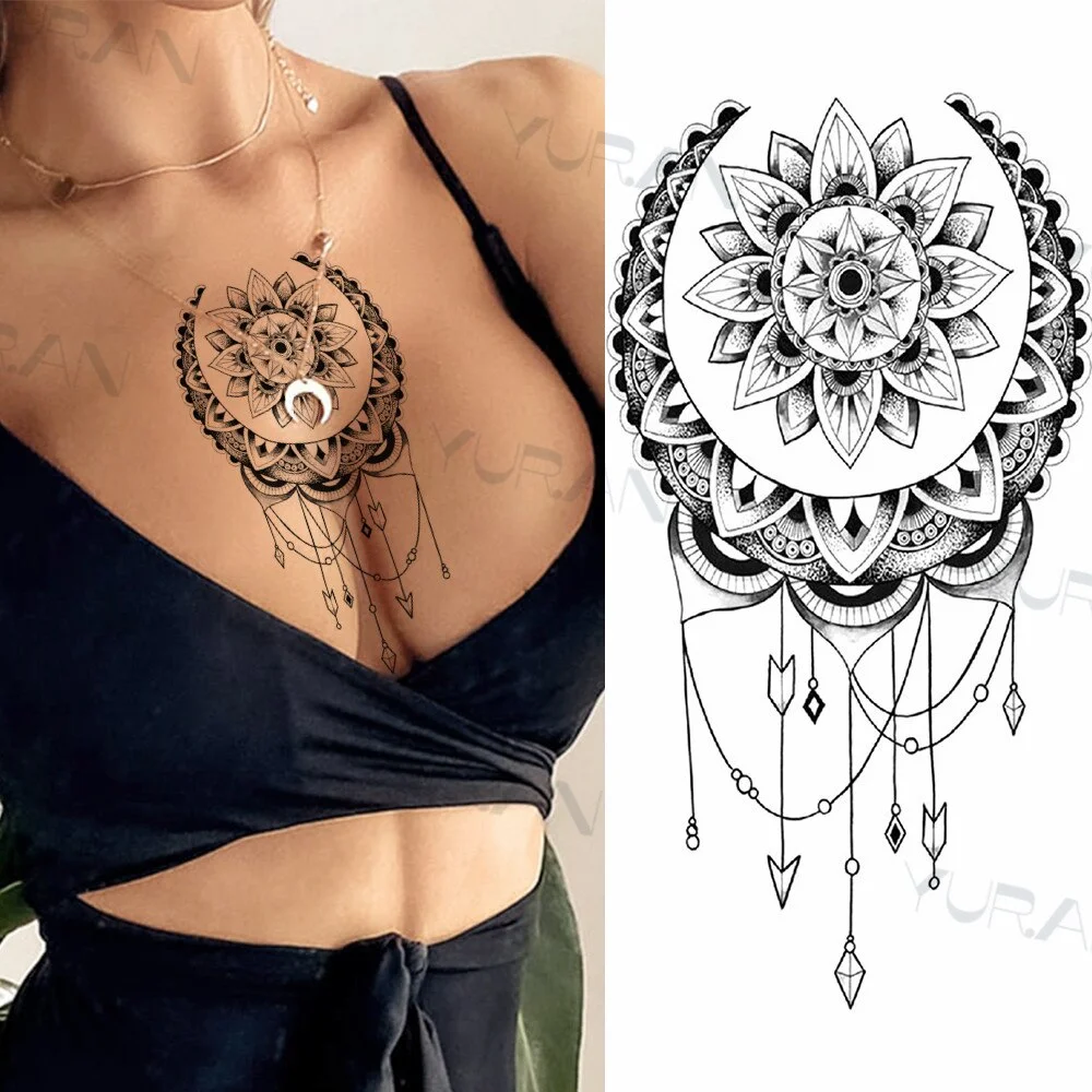 Sdrawing Catcher Rose Flower Temporary Tattoos For Women Adult Henna Moon Feather Owl Fake Tatoos Realistic Sexy Chest Tattoo Paste