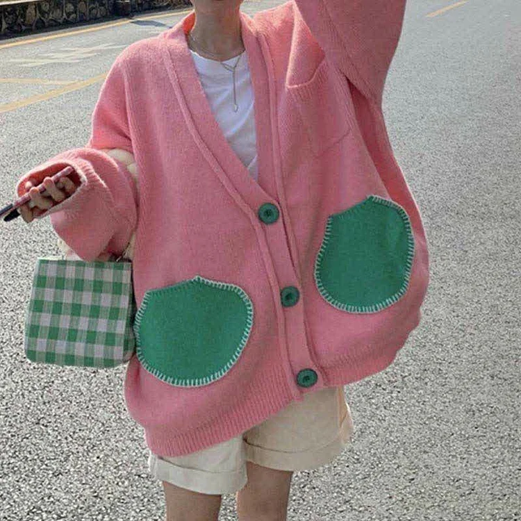 Colorblock Pocket Loose V-neck Cardigan Sweater - Modakawa Modakawa