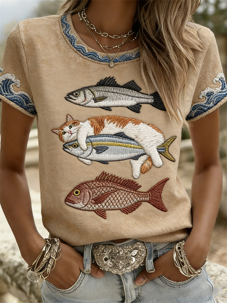Comstylish Lovely Cat & Fish Sea Waves Japanese T Shirt