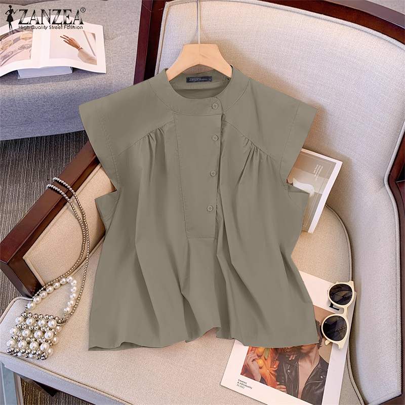 ZANZEA Solid Sleeveless Tanks Women Buttons Pleating Camis Holiday Summer Half Open Front Tank Tops 2024 Vintage Vests