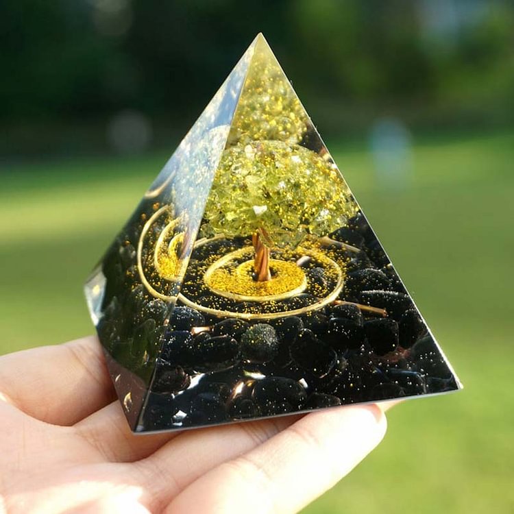 Peridot With Obsidian Tree Of Life Reiki Orgone Pyramid